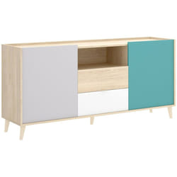 Dmora - Buffet Rainier, Buffet de salon, Buffet de salon moderne avec 2 portes, 155x43h75 cm, Blanc et Chêne, avec emballage renforcé