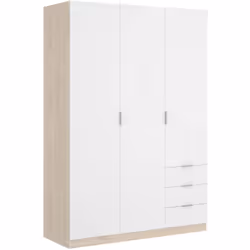 GARDE-ROBE 3 PORTES - Cintre pour chambre, armoire 3 tiroirs, 121x52h184 cm, Blanc et Chêne. STRUCTURE ET UTILISATION - Armoi ...