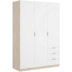 Dmora - Armoire Cimone, Portemanteau pour chambre, Armoire avec 3 portes battantes et 3 tiroirs, 121x52h184 cm, Blanc et Chêne, avec emballage