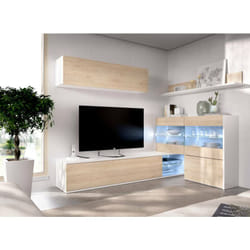 Dmora - Unité murale Adams, Ensemble de salon d'angle modulaire, Meuble de salon multi-positions avec lumière led, 260x41h180 cm, Chêne et Blanc,