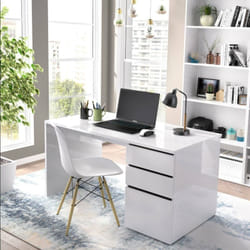 Dmora - Bureau Lagoni, Bureau polyvalent pour bureau ou chambre, Table d'étude linéaire avec 2 tiroirs et 1 porte, 139x60h75 cm, Blanc, avec