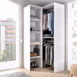 Description générale Armoire d'angle Dalmic avec porte-manteau ouvert, idéale pour optimiser l'espace de rangement dans une c ...