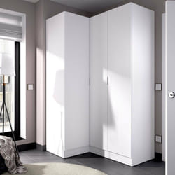 Armoire Meru, Meuble d'angle pour chambre, Armoire d'angle avec 3 portes battantes, 133x91h184 cm, Blanc - Dmora