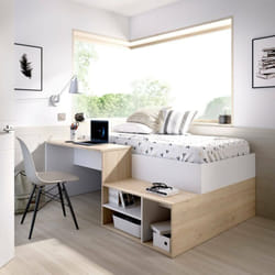 Lit enfant Cervino, Lit simple pour chambre, Ensemble avec bureau et étagères, 195x134h73 cm, Blanc et Chêne - Dmora