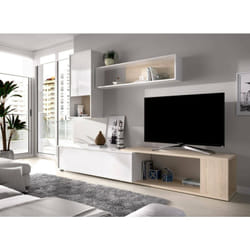 Unité murale Denali, Ensemble de salon modulable d'angle, Meuble de salon multiposition, 230x41h180 cm, Blanc et Chêne - Dmora