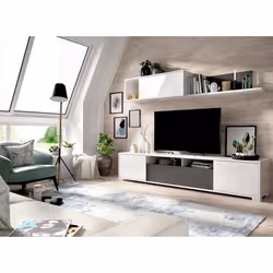 Dmora - Meuble haut Abbete 200x41xh180 cm Blanc brillant Anthracite Panneau effet bois