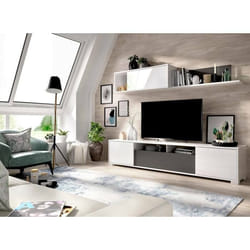 Dmora - Meuble haut Abbete 200x41xh180 cm Blanc brillant Anthracite Panneau effet bois