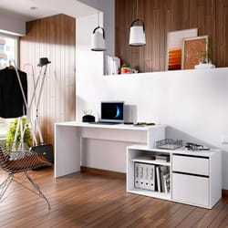Dmora - Bureau Gardena, Bureau multiposition pour bureau ou chambre, Table d'étude d'angle polyvalente, 139x92h75 cm, Blanc