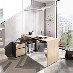 Dmora - Bureau Gardena, Bureau multiposition pour bureau ou chambre, Table d'étude d'angle polyvalente, 139x92h75 cm, Chêne et Anthracite