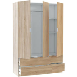 Dmora - Armoire Weymouth, Meubles de chambre avec 3 portes et 2 tiroirs, Cintre, 135x52h200 cm, Chêne, avec emballage renforcé