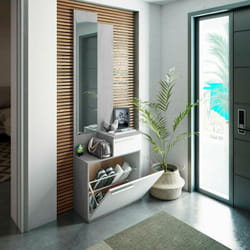 Dmora - Meuble d'entrée Waltham, Étagère à chaussures multifonction avec miroir, Armoire avec 1 porte et 1 tiroir, 61x28h185 cm, Ciment et blanc