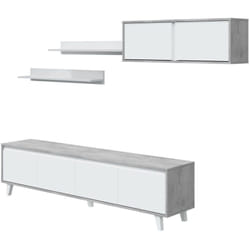 Dmora - Unité murale Vergennes, Ensemble de salon, Meubles de salon polyvalents, Unité murale moderne, 200x41h50 cm, Ciment et blanc brillant, avec