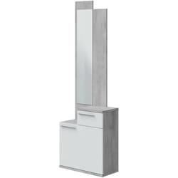 Dmora - Meuble d'entrée Dner, Étagère à chaussures multifonction avec miroir, Armoire avec 1 porte et 1 tiroir, 61x28h185 cm, Ciment et blanc brillant