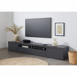 MEUBLE TV - Buffet bas de salon 3 portes, pied meuble TV, 240x40h35 cm, Anthracite. STRUCTURE ET UTILISATION - Meuble télévis ...