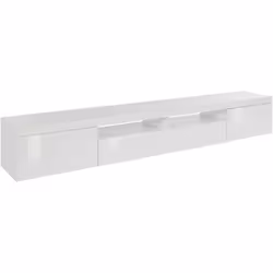 MEUBLE TV - Buffet bas de salon 3 portes, pied meuble TV, 240x40h35 cm, Blanc brillant. STRUCTURE ET UTILISATION - Meuble tél ...