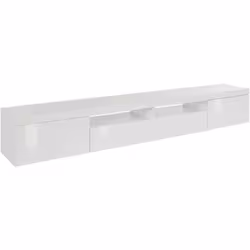 MEUBLE TV - Buffet bas de salon 3 portes, pied meuble TV, 240x40h35 cm, Blanc brillant. STRUCTURE ET UTILISATION - Meuble tél ...