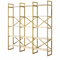 BIBLIOTHÈQUE - Etagère de bureau, Porte-livre mobile, Librairie, 170x30h175 cm, Blanc et Or. STRUCTURE ET UTILISATION - Suppo ...