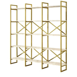 Bibliothèque Sagit, Etagère de bureau, Porte-livre mobile, Librairie, 170x30h175 cm, Blanc et Or, avec emballage renforcé - Dmora