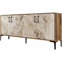 BUFFET - Buffet du salon, Commode de salon, Garde-manger de cuisine, 180x35h78 cm, Noyer et Marbre Blanc. STRUCTURE ET UTILIS ...