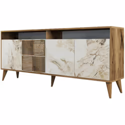 CONSOLE - Buffet de salon, Meuble bas pour TV, Socle mural équipé, 180x35 h79 cm, Noyer et Marbre Blanc. STRUCTURE ET UTILISA ...
