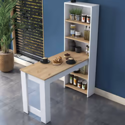 TABLE FIXE - Etagère de cuisine, Consolle à manger, Tablette rectangulaire fixe, 120x54h154 cm, Noyer et Blanc. STRUCTURE ET ...
