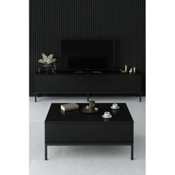 Meuble tv Regulus, Buffet de salon, Armoire basse pour tv, Base murale de rangement, 180x30h47 cm, Noir, avec emballage renforcé - Dmora