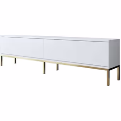 MEUBLE TV - Buffet de salon, Armoire basse pour TV, Base murale de rangement, 180x30h47 cm, Blanc et Or. STRUCTURE ET UTILISA ...