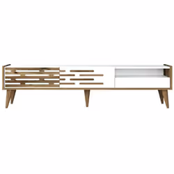 MEUBLE TV - Buffet de salon, Armoire basse pour TV, Base murale de rangement, 180x45h35 cm, Blanc et Noyer. STRUCTURE ET UTIL ...