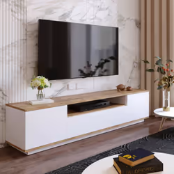 MEUBLE TV - Buffet de salon, Armoire basse pour TV, Base murale de rangement, 180x45h45 cm, Chêne et Blanc. STRUCTURE ET UTIL ...