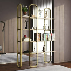 Dmora - Bibliothèque Angylla 125x28xh180 cm Doré Panneau effet bois et Métal