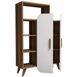 BUFFET - Buffet du salon, Commode de salon, Garde-manger de cuisine, 90x32h132 cm, Noyer et Blanc. STRUCTURE ET UTILISATION - ...