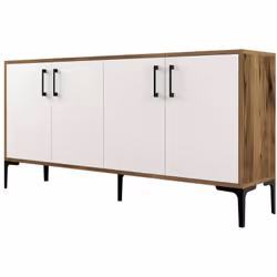 BUFFET - Buffet du salon, Commode de salon, Garde-manger de cuisine, 160x35h78 cm, Noyer et Blanc. STRUCTURE ET UTILISATION - ...