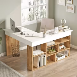 Dmora - Bureau Altin 129 x 120 x h72 cm chêne blanc Panneau effet bois