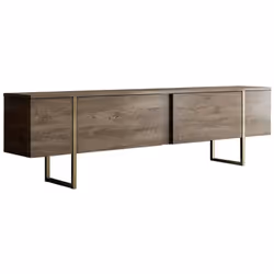 MEUBLE TV - Buffet de salon, Armoire basse pour TV, Base murale de rangement, 180x30h50 cm, Noyer et Or. STRUCTURE ET UTILISA ...