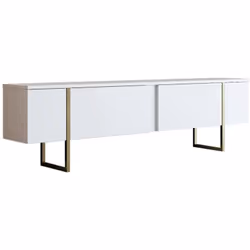MEUBLE TV - Buffet de salon, Armoire basse pour TV, Base murale de rangement, 180x30h50 cm, Blanc et Or. STRUCTURE ET UTILISA ...