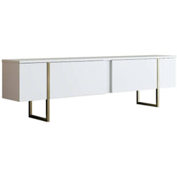 Meuble tv Dgridell, Buffet de salon, Armoire basse pour tv, Base murale de rangement, 180x30h50 cm, Blanc et Or - Dmora