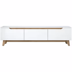 MEUBLE TV - Buffet de salon, Armoire basse pour TV, Base murale de rangement, 180x35h49 cm, Blanc et Noyer. STRUCTURE ET UTIL ...