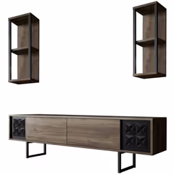 MEUBLE TV - Buffet de salon, Armoire basse pour TV, Base murale de rangement, 180x30h48 cm, Noyer et Noir. STRUCTURE ET UTILI ...