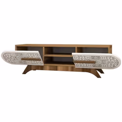 MEUBLE TV - Buffet de salon, Armoire basse pour TV, Base murale de rangement, 145x37h37 cm, Noyer et Blanc. STRUCTURE ET UTIL ...
