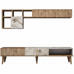 MEUBLE MURAL - Composition du salon, Meubles de salon polyvalents, Meuble télé, 180x35h40 cm, Noyer et Marbre Blanc. STRUCTUR ...