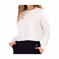 T-shirt Manches longues écru Femme Champion - Col rond - Imprimé QR code - Logo Champion brodé - 100% Coton