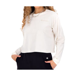 T-shirt Manches longues écru Femme Champion - Col rond - Imprimé QR code - Logo Champion brodé - 100% Coton