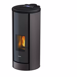 Poêle étanche avec structure en acier et porte en verre rond sérigraphié. Top en fonte. Le brasero en fonte avec système EASY ...