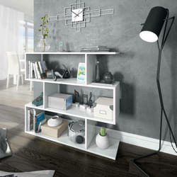 Librairie Hampton, Bibliothèque basse double face, Étagère à trois compartiments, Étagère de bureau moderne, cm 110x24h97, Blanc brillant - Dmora