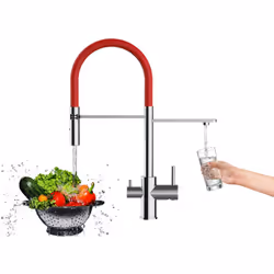 PRODUIT art nr.: VZFL018103 couleur: Chromé / Rouge Mitigeur de cuisine chrome 3 voies - bec orientable et douchette 2 jets p ...