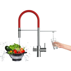 Robinet de Cuisine Mitigeur 3 voies chrome robinet bec rouge orientable et douchette 2 jets detachable Vizio