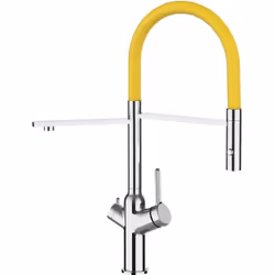 PRODUIT art nr.: VZBF018105 couleur: Chromé / Jaune Mitigeur de cuisine chrome 3 voies - bec orientable et douchette 2 jets p ...