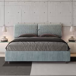 Lit double Mados - GIADA - 160x200 cm - Tête de lit rembourrée - Tissu Aragon - Bleu et Blanc