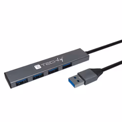Techly IUSB32-HUB4A-4U3SL, Avec fil, USB 3.2 Gen 1 (3.1 Gen 1) Type-A, Gris, 5 Gbit/s, Métal, USB