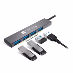 Techly IUSB32-HUB4A-4U3SL station d'accueil Avec fil USB 3.2 Gen 1 (3.1 Gen 1) Type-A Gris